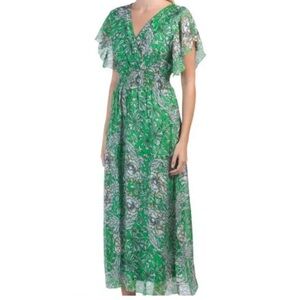 Le Ragazze Italy Silk Blend Green Floral Maxi Dress Size Medium Flutter Sleeve
